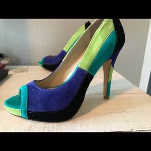 Suede peep toe platform heels